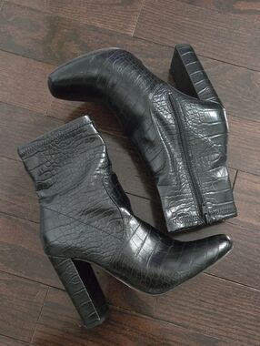 Call It Spring Black Croc-Embossed Block Heel Ankle Boots